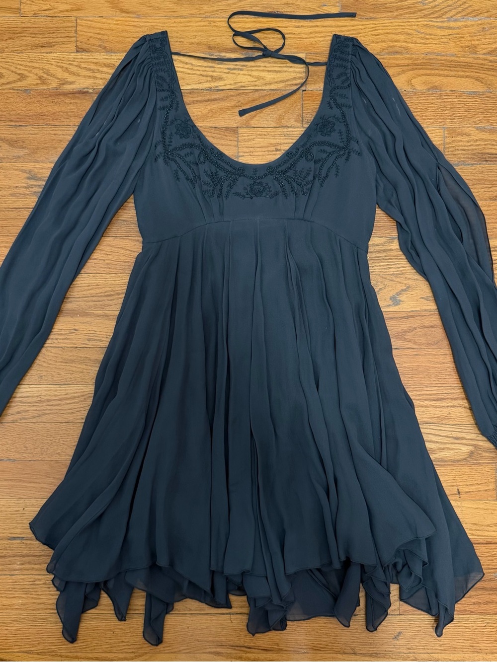Free People Dark Green/Grey Embellished Cutout Shoulder Mini Dress – Size 2